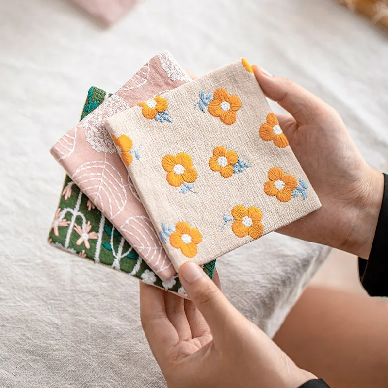 Japanese Style Tea Mat Embroidered Cotton Linen Double Layer Cup Coaster Fabric Dining Placemat Absorbent Tea Tray Coffee Cup