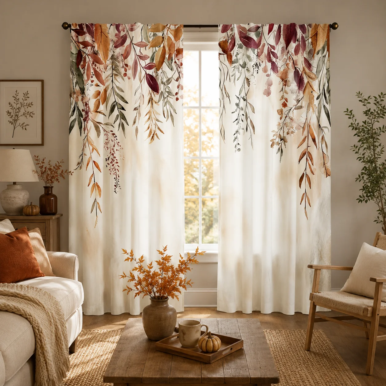 2PCS Digital Printed Curtains, Falling Leaves Know Autumn Pattern, Stylish Window Treatment for Living Room Bedroom Decor