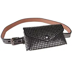 Rivet Belt Bag New Women's Fine Belt Decoration Black Small Waistpack Punk Style PU Leather Mobile Phone Bag