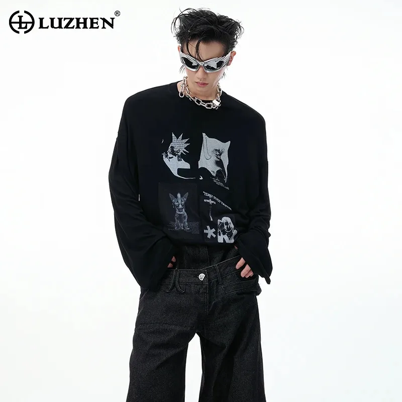LUZHEN Printed Fashion Sleeve Cute Long Cartoon T-shirts Pattern Men's 2026 New High Quality Original Streetwear Clothes JY9107