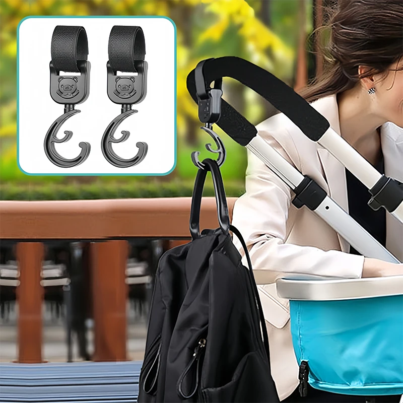 Ganchos de piezas para cochecito de bebé, accesorios multiusos para cochecito de bebé con dibujos animados, gancho giratorio de 360 grados, organizador de bolsa, percha