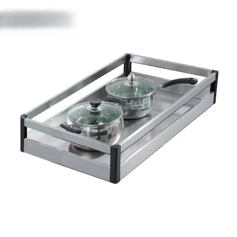 

201 stainless steel 1-layer kitchen storage device pull rack storage drawer 4-sided flat basket sliding kitchen utensils