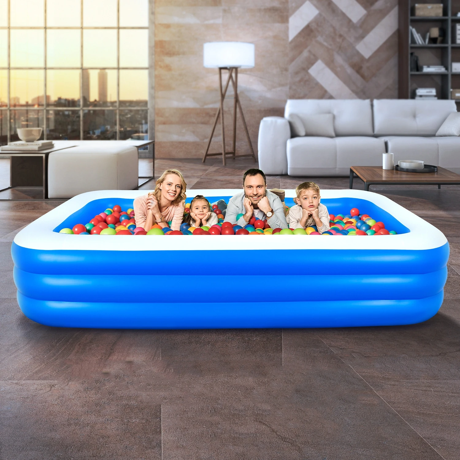 Quadratischer aufblasbarer Pool, blau + weiß, einfach zu installierendes Kinder- und Familienpool für den Außenbereich