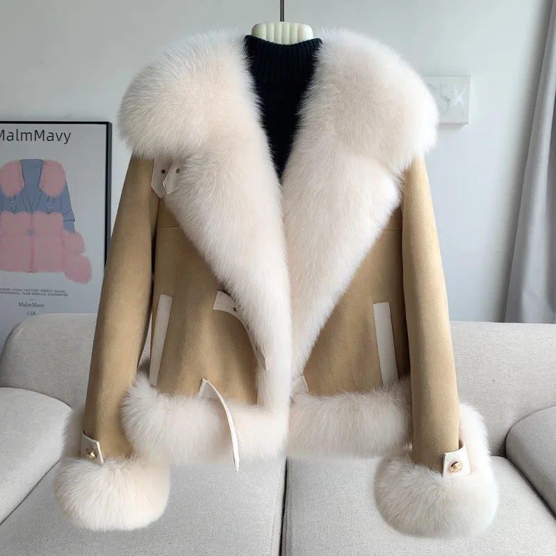 

Women Faux Fox Fur Coats Shearling Suede Jacket Lace Up Turn Down Fur Collar Thick Warm Casual Office Lady 2025 Autumn Winter