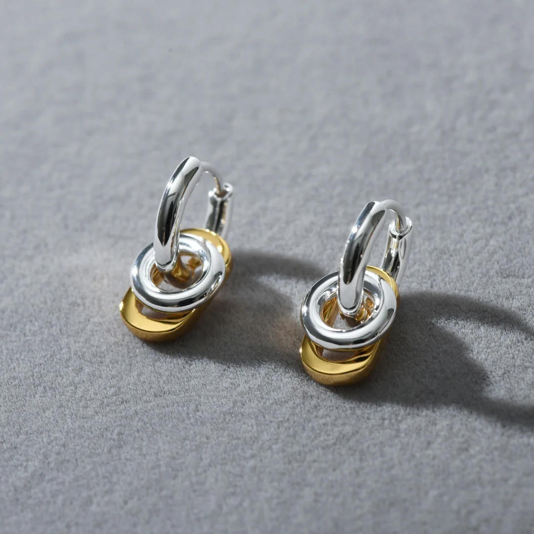 Wholesale Women's Modern Basic Anti-rust Jewelry Two-tones Tri-hoops Gold Ear Drop Dangle 925 Silver Buckle Huggie Ring Earrings