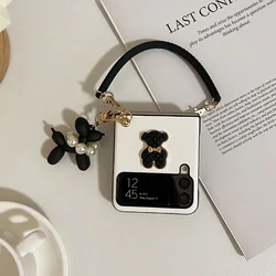 For Samsung Galaxy Z Flip 7 6 5 4 3 5G Fashion Cute Bear Pearl Dog Pendant Portable Hand Chain Bracelet White Leather Case Cover