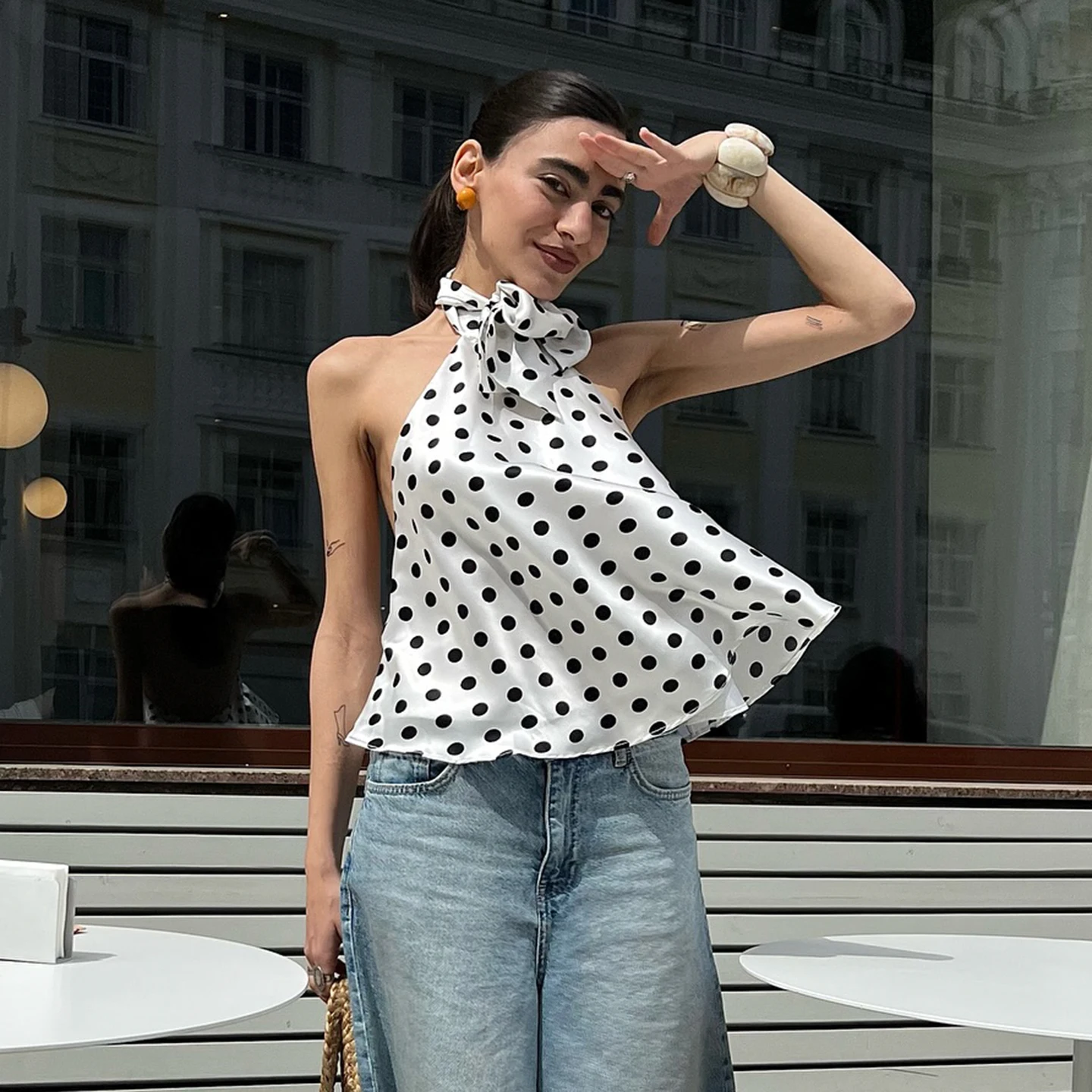 Combhasaki 女性夏のヴィンテージ水玉プリントフリルベストビッグリボンタイホルターチョーカーネックタイバックレスシルキーノースリーブシャツ