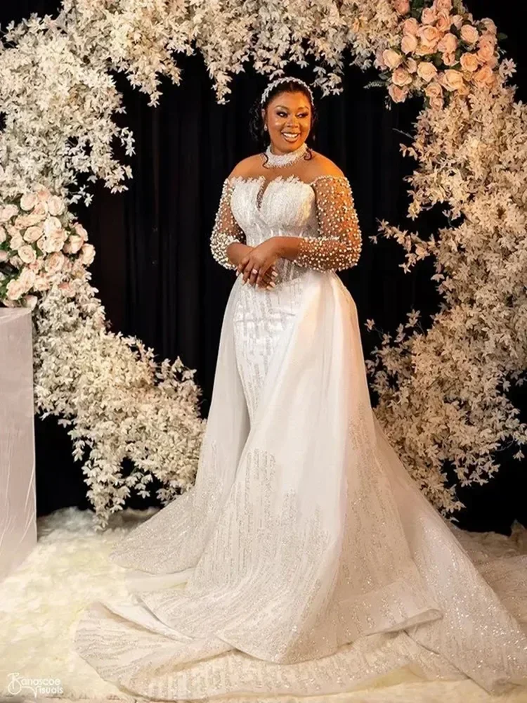 تخصيص أفضل تصميم الرقبة العالية تسلق الخرز الكامل حورية البحر فساتين الزفاف مع تنورة طويلة الأكمام فساتين الزفاف Vestido #5