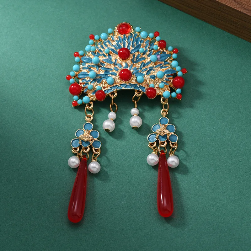 Vintage Chinese Peking Opera Phoenix Crown Tassel Brooch Enamel Faux Pearl Bead Pin For Cheongsam Hanfu Accessory Delicate Gift