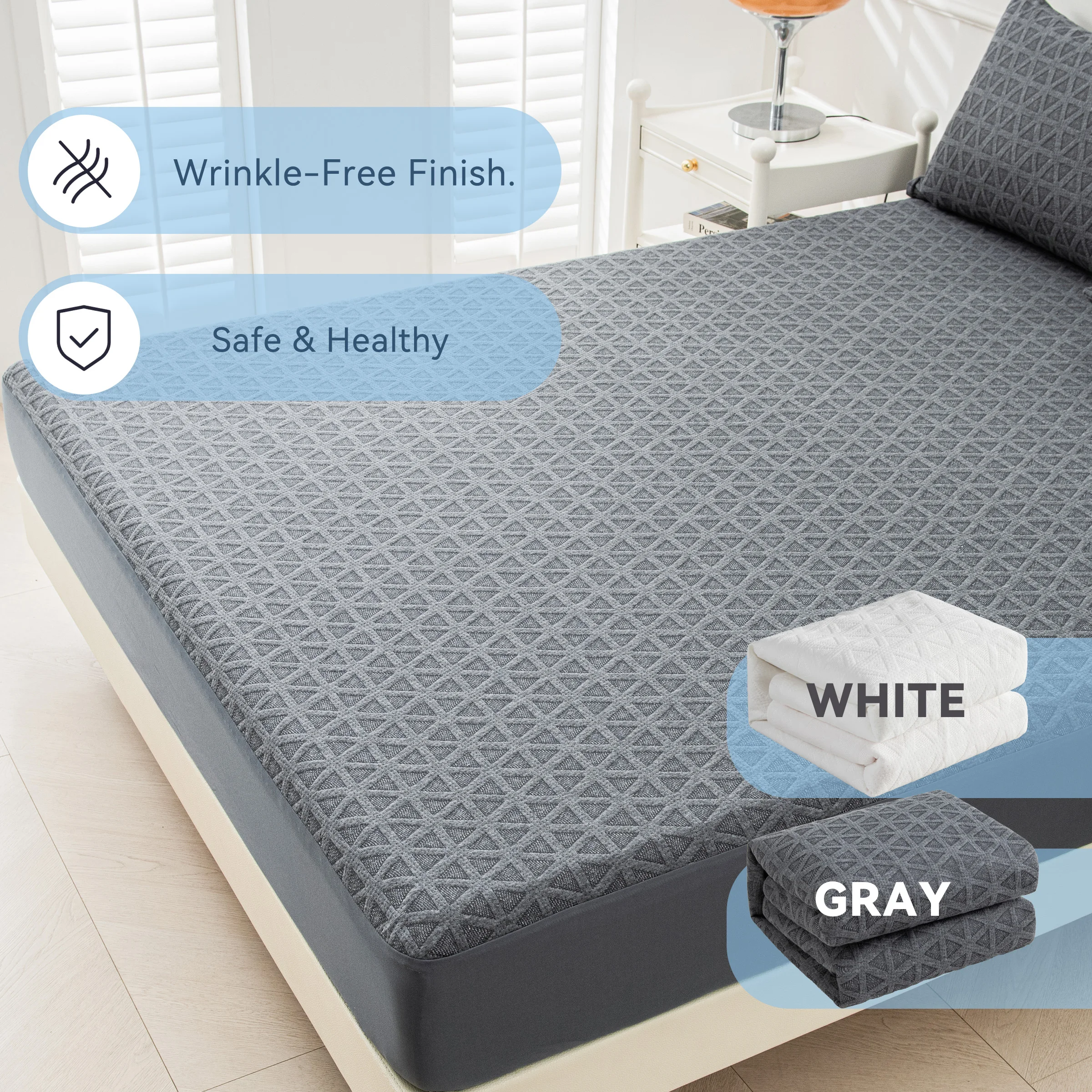 Wasserdichter Matratzenschoner 140x200/160x200/180x200 – Kühlend, atmungsaktiv, geräuschlos, tiefe Taschen, hypoallergen, milbenresistent, vinylfrei, maschinenwaschbar, Bettbezug, Weiß/Grau