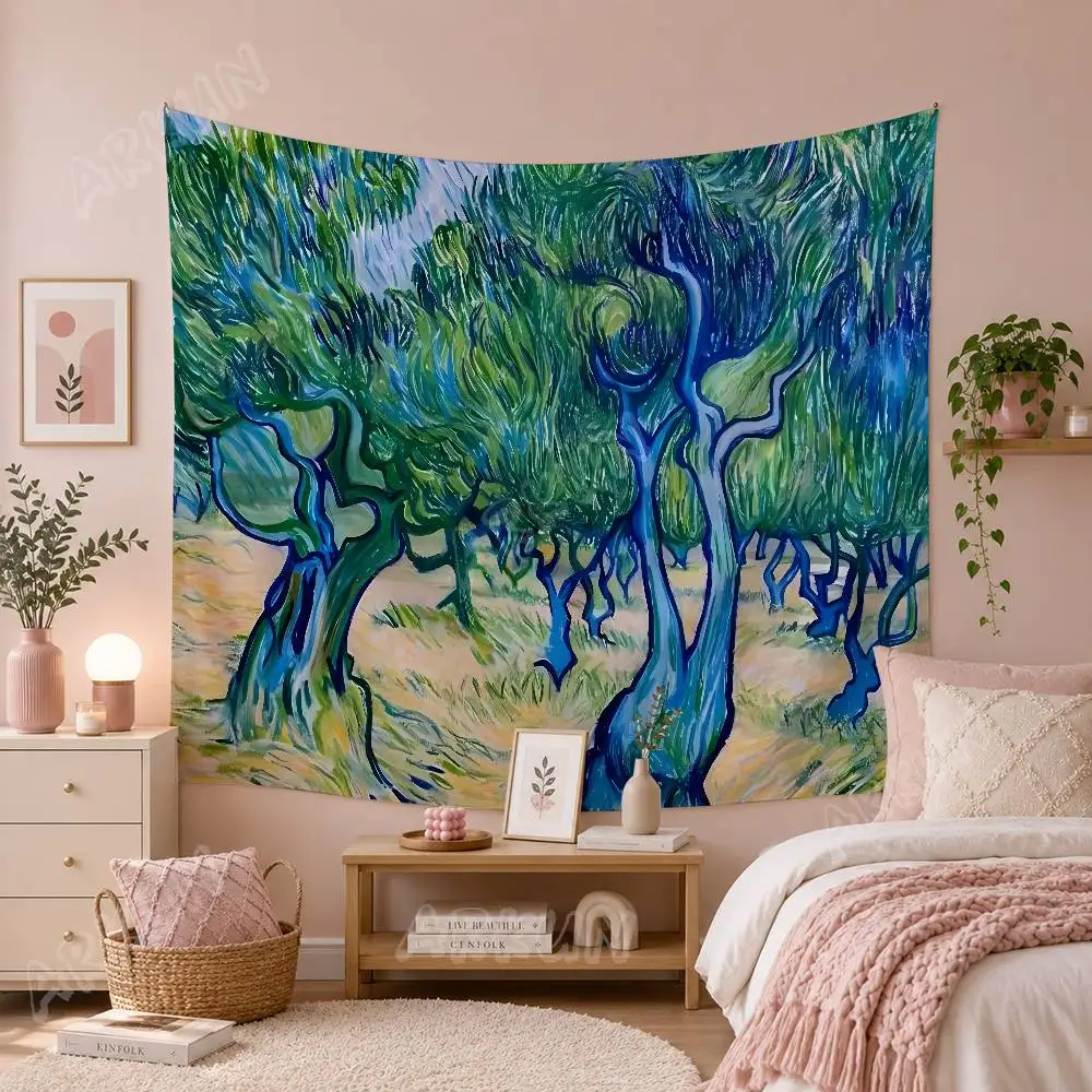 Impressionist Landscape Tapestry Classic Oil Painting Starry Night Wheat Field Olive Tree Scenery Living Room Bedroom Decor