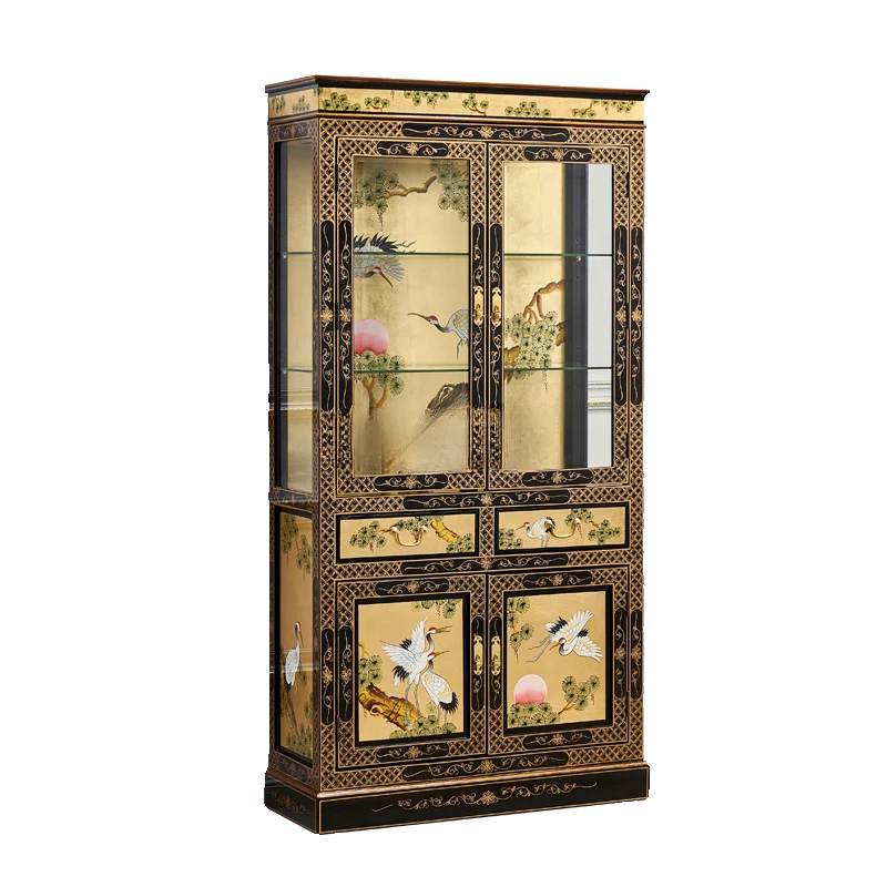 Luxury Gold Foil with Light Solid Wood Display Cabinet Made of Glass Pine Crane Yannian Showcase Ming and Qing Painted