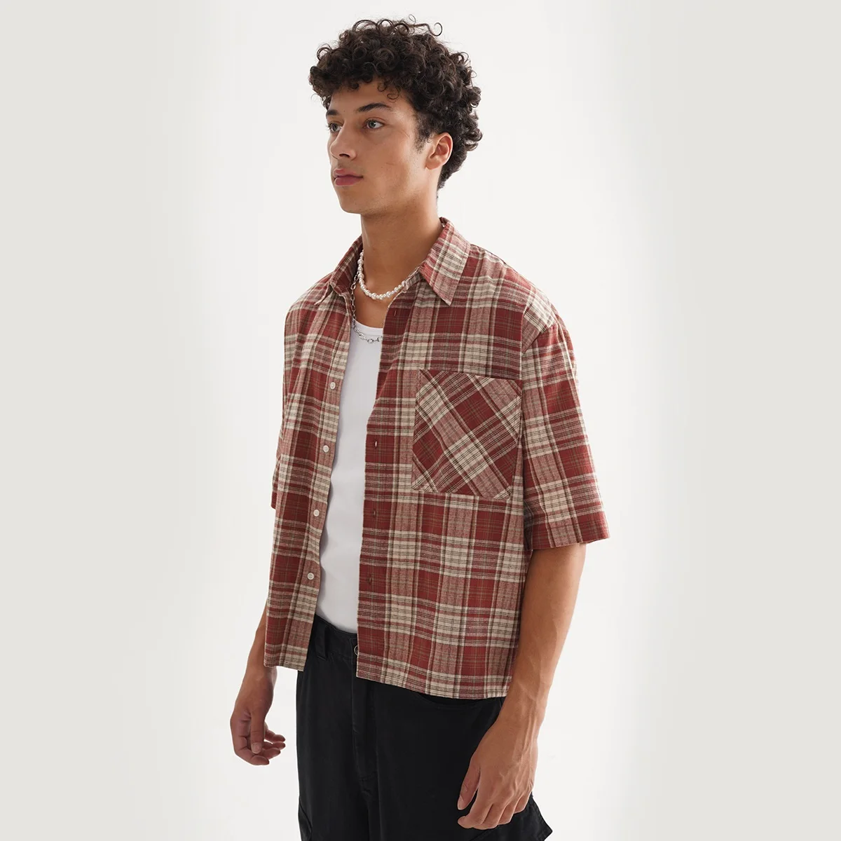 Men's clothing High quality loose popular short grids shirt casual fashion cardigan button short sleeve shirt