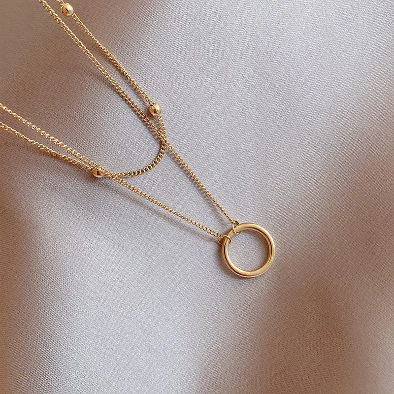 OIMG 316L Stainless Steel Gold Plated Double Layered Simple Circle Geometric Pendant Necklace For Women Bohemian Jewelry