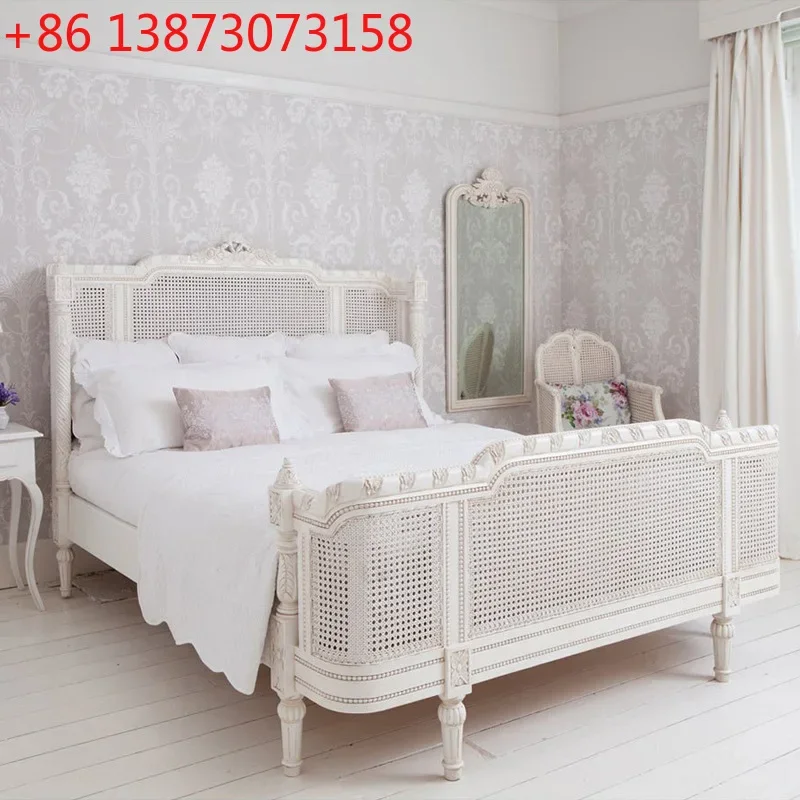 

French rattan solid wood bed export white old retro high back princess bed