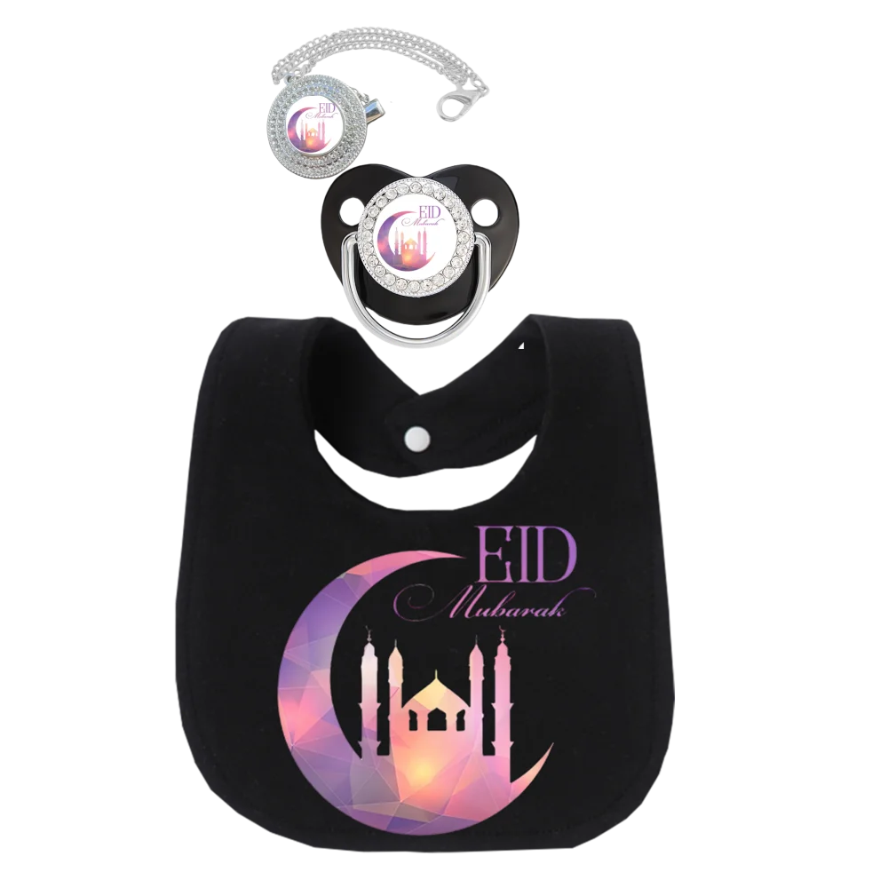 Newborn Muslim Print Bib Drool Bib Bandana with Baby Pacifier Nipple Soother Clip Holder Strap Soft Cotton Cute 0-12 Months Gift