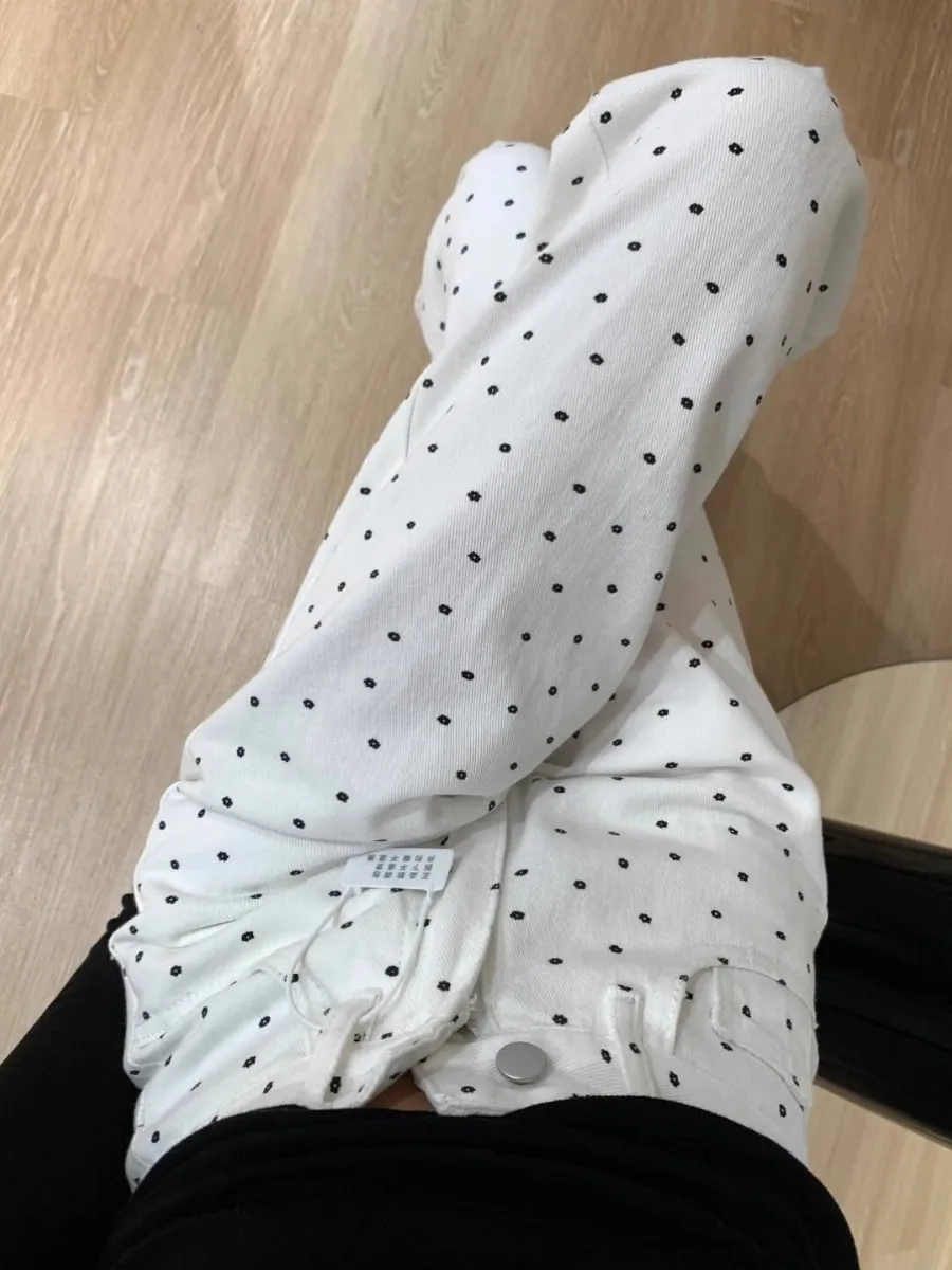 

plus Size American Style White Floral Polka Dot Denim Skinnier High Waist Loose Thin Women's Autumn Winter Long Pants