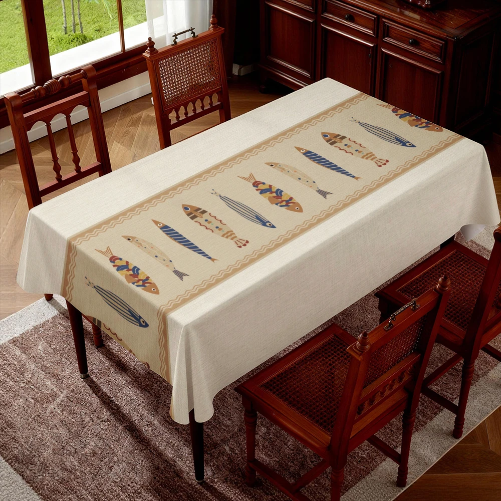 VIKAMA Beige Embroidered Birds Cotton Linen Tablecloth, Vintage Rectangle Dining Cover