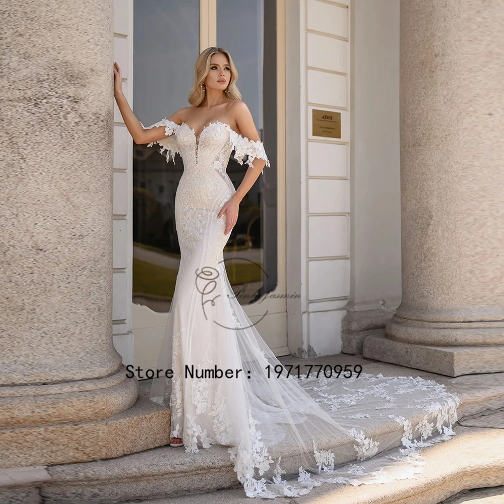 Gorgeous Boat Neck Wedding Dresses Mermaid Applique Elegant Soft Tulle A-Line Zipper Back Court Train Bridal Gowns Custom Made