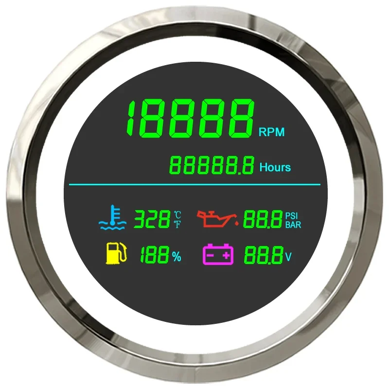 

l For 85mm LCD 6in1 Multi function Gauge with Hour Meter Water Temperature Oil Pressure Fuel Gauge Tachometer Ratio Programmabl