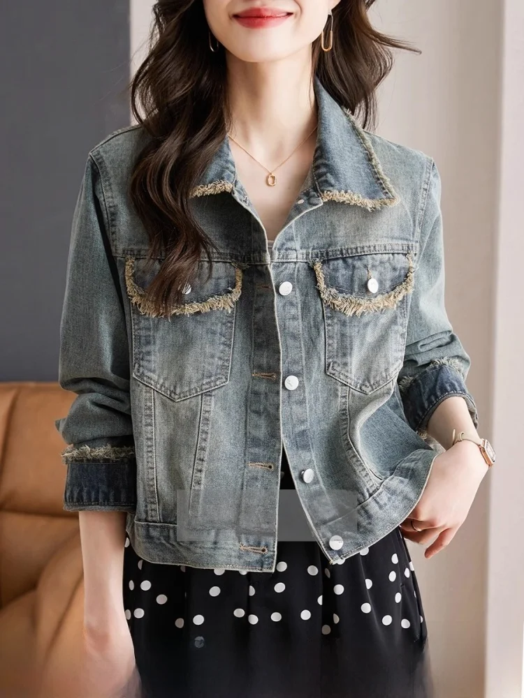 Retro Short Denim Jacket Women's Long Sleeve Spring Autumn Versatile Jacket Top Clip Tag Straight Tube Commute Style Button C...
