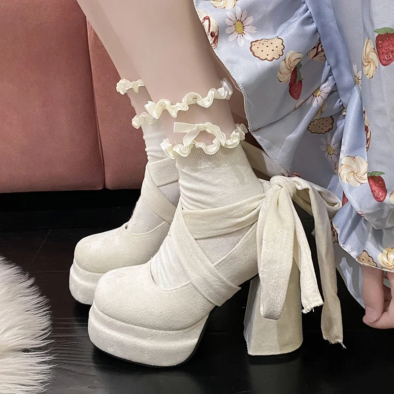 Chaussures Mary Janes à plateforme en daim pour femmes, talon haut de luxe, à lacets, tendance Lolita, escarpins de fête élégants et épais