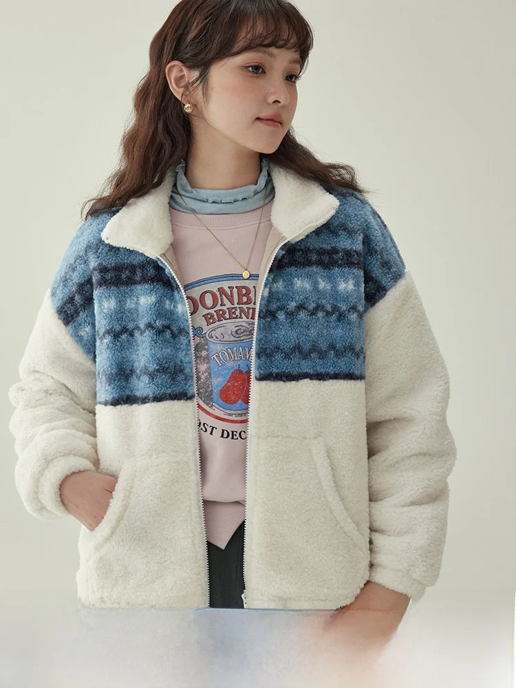 

North Island AMUU Original Fair Isle Embroidered Lamb Fur Jaet Women's Winter New Sle Warm Stand Collar Long Sve Top