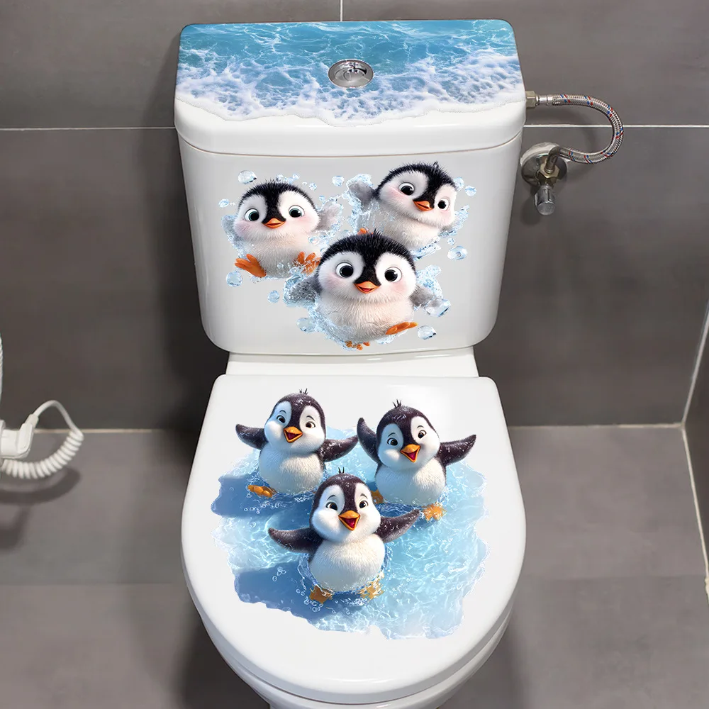 Adesivos de Pinguins de Desenho Animado Fofos para Vaso Sanitário, Decalques Impermeáveis de Ondas do Oceano para Tampa de Vaso Sanitário, Decoração Removível para Banheiro Infantil e Casa
