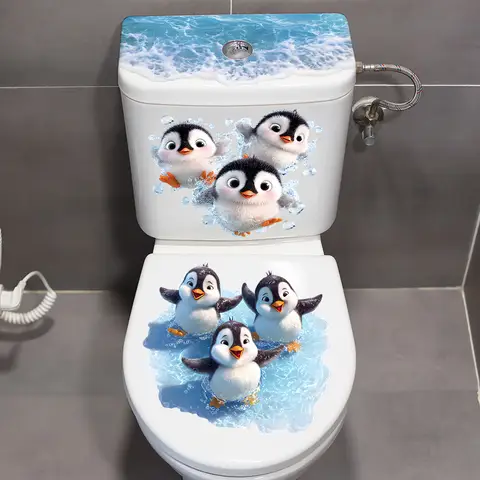 Cute Cartoon Penguins Toilet Stickers, Waterproof Ocean Wave Toilet Seat Decals, Removable Bathroom Decor for Kids Bathroom Home