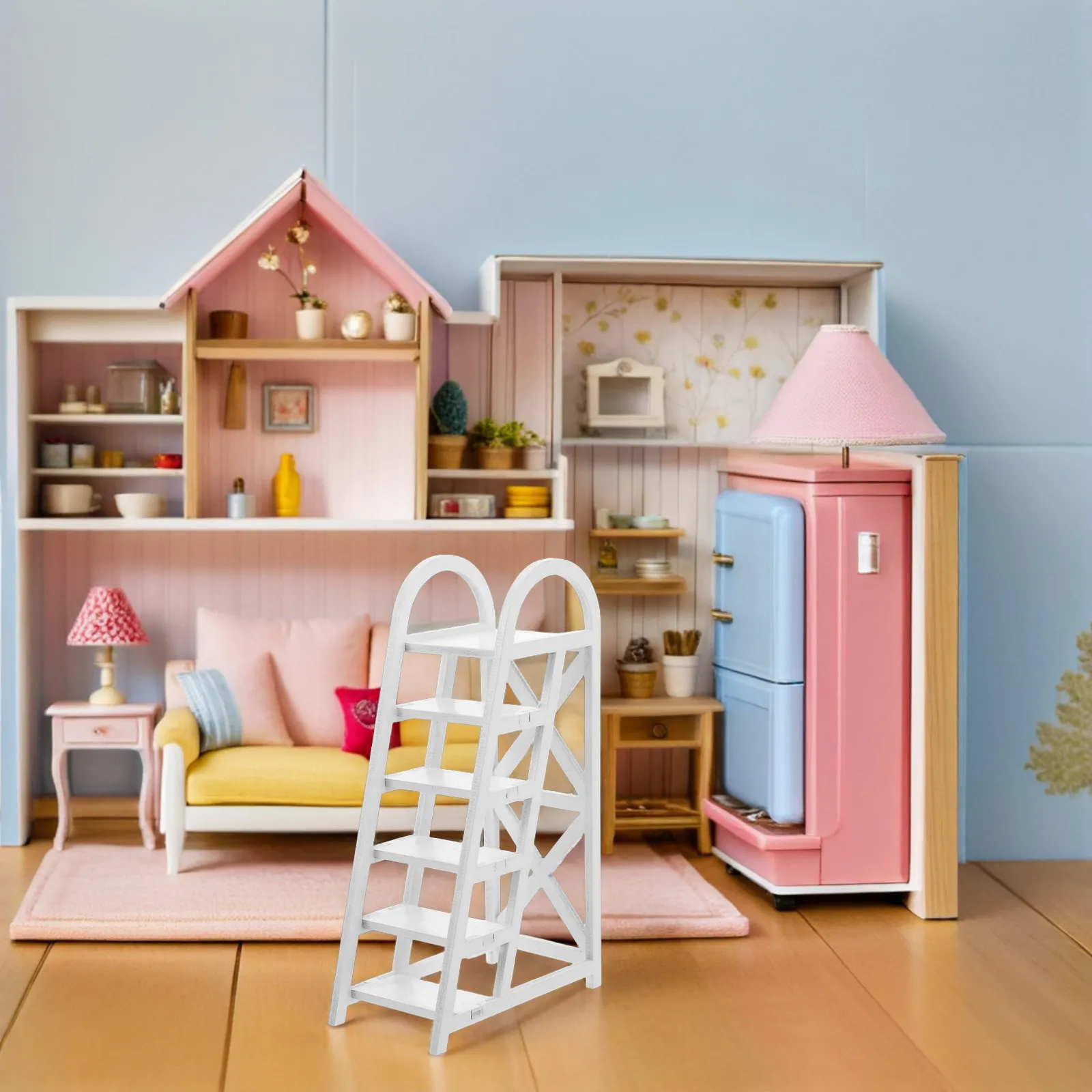 

12-Piece Miniature Dollhouse Ladder Set Wooden Realistic Pool Tower Staircase for Miniature Beach Scene Play Decorative Step