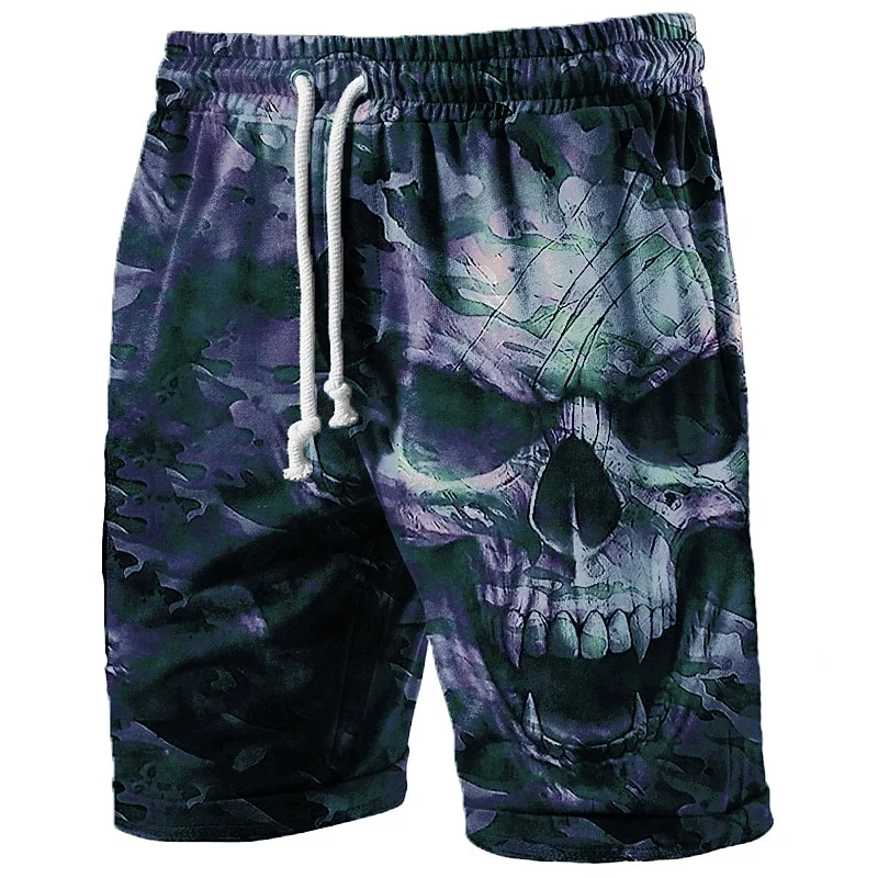 Retro Skull 3D Printed Pattern Beach Shorts for Men, Fashionable Summer Cool Street Casual Wear, Loose Street Hip-hop Shorts