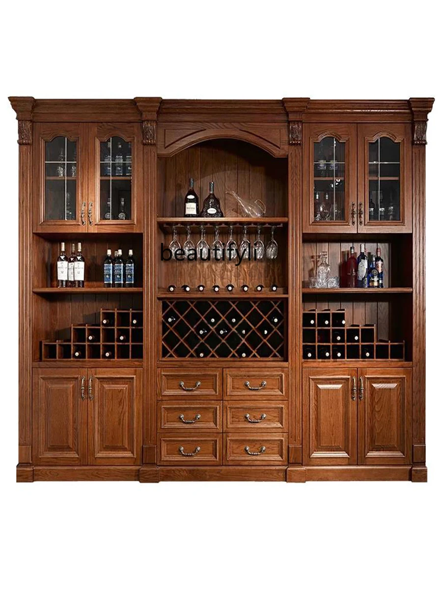 American-Style Solid Wood Large Wine Cabinet Wall Home Living Room European-Style Glass Display Sideboard Cabinet