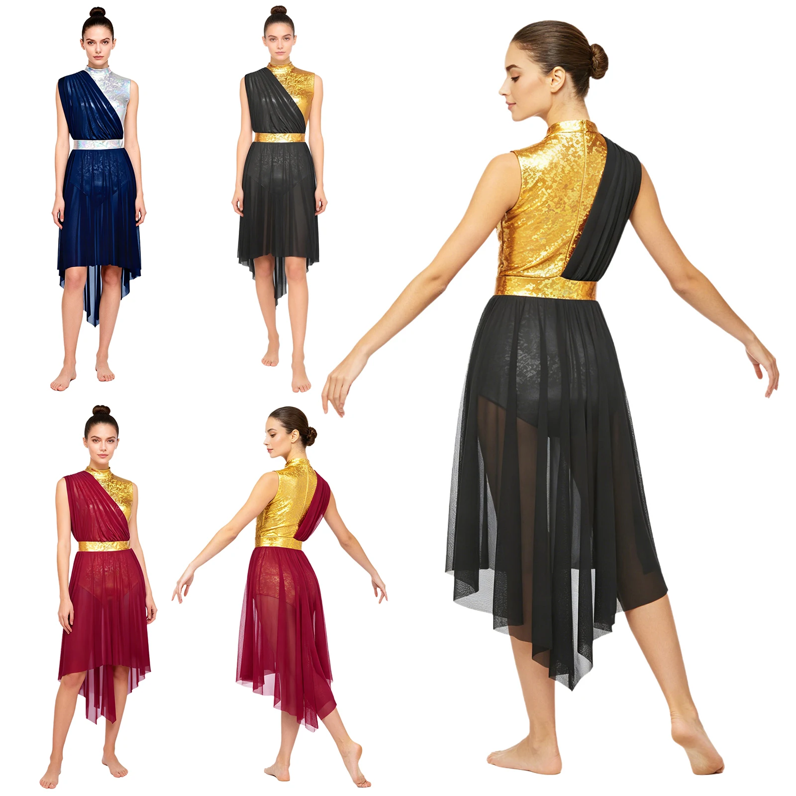 

Women Lyrical Dance Dress Shiny Leotard with Flowy Mesh Hem Sleeveless Snap Crotch Bodysuit for Church Praise Dance