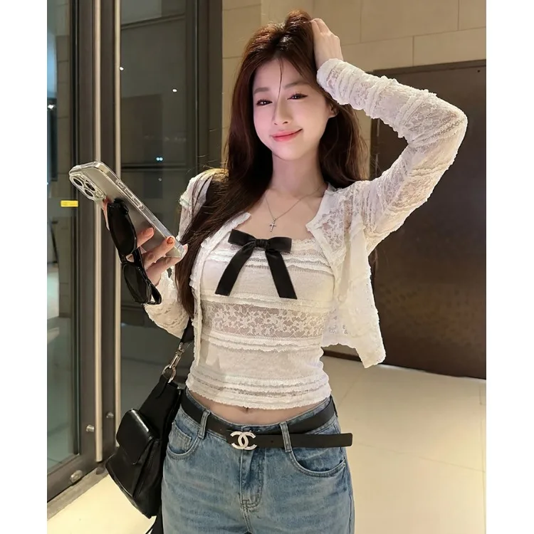 

Pure Desire Lace Texture Knot Tube Top Vest Hollow out Feelings Two Piece Set Women's Fashion Summer Outfit