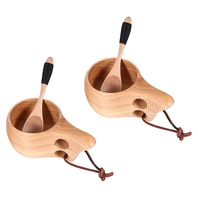 2Pack Nordic Style Wooden Cup Kuksa Cup Portable Outdoor Camping Drinking Mug Wooden Coffee Cup With Wooden Spoon