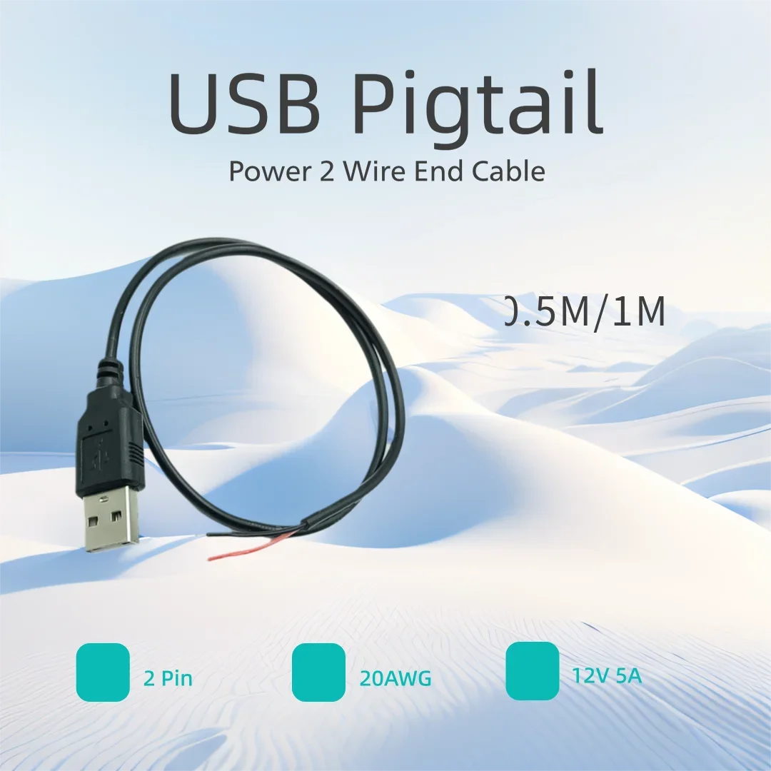 USB Male Cable Ends 20AWG 12V 5A Power Pigtail 2 Wire End Cable USB A Male 2 Pin Bare Wire  for DIY USB Plug Replacement 0.5M/1M