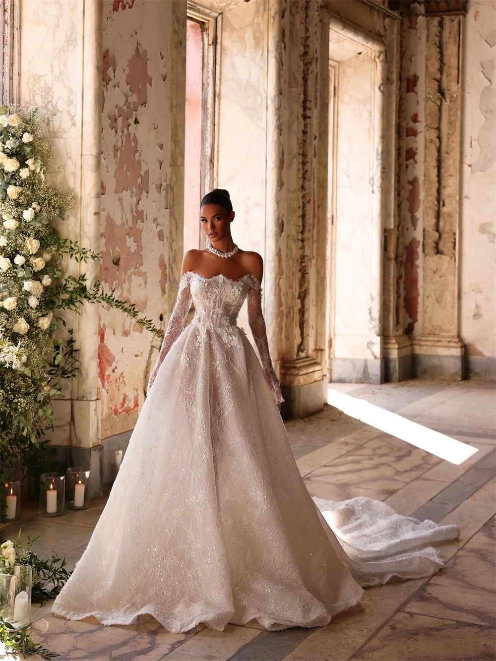 

Customized Elegant White Organza Wedding Dress Formal V-neck Long Sleeves Robe de mariée Sexy A-Line Chapel Train Bridal Gowns