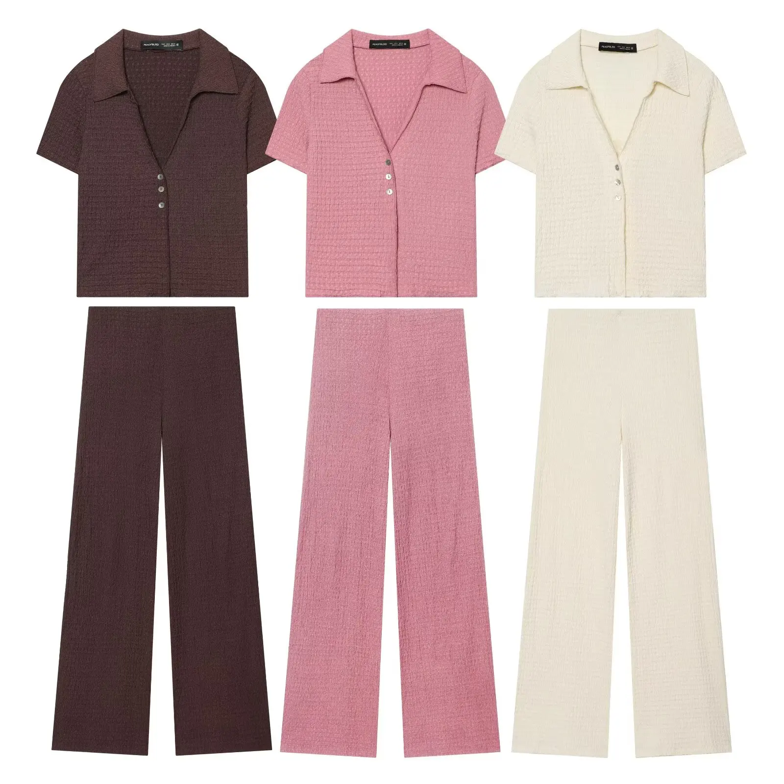Stylish Textured Pants Sets for Women Summer Matching Sets Short Sleeve Cropped Textured Jackets and Mid-rise Straight Leg Pants
