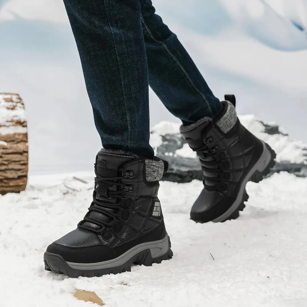 Nuevas botas de nieve cálidas de felpa para hombre, botas altas con cordones para hombre, botines de invierno impermeables, botas de senderismo antideslizantes para exteriores para hombre
