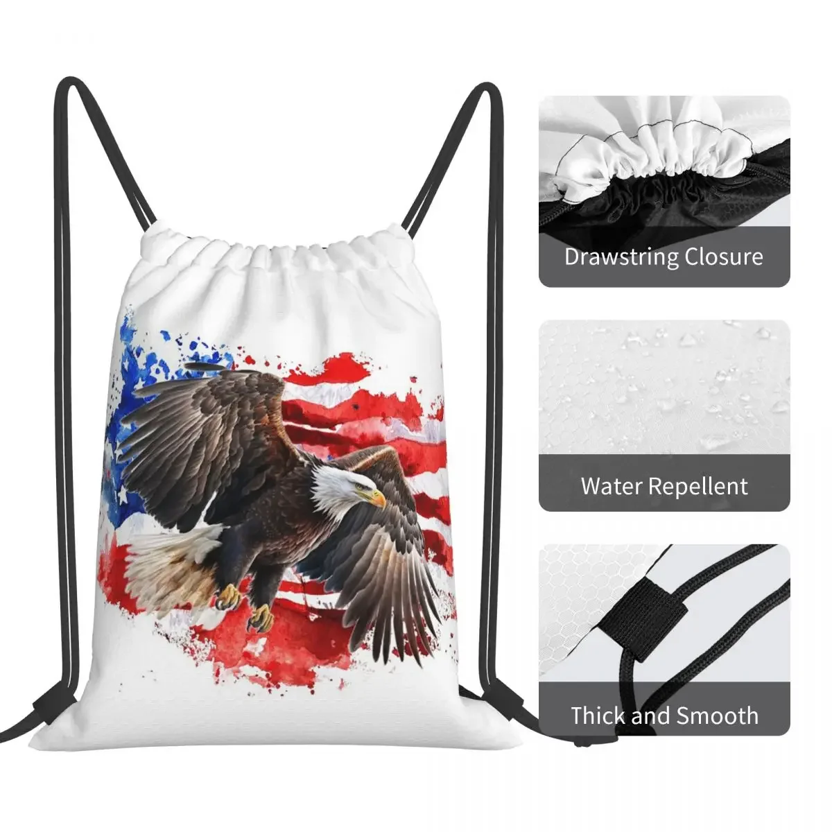 Mochila de águila voladora con fondo de bandera americana, bolsa con cordón, bolsa de artículos diversos, bolsa de libros