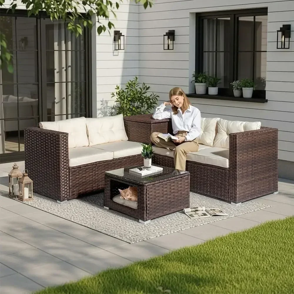 Brown 4-Piece Outdoor Wicker Sectional Patio Furniture Set with Storage and Glass Top Coffee Table