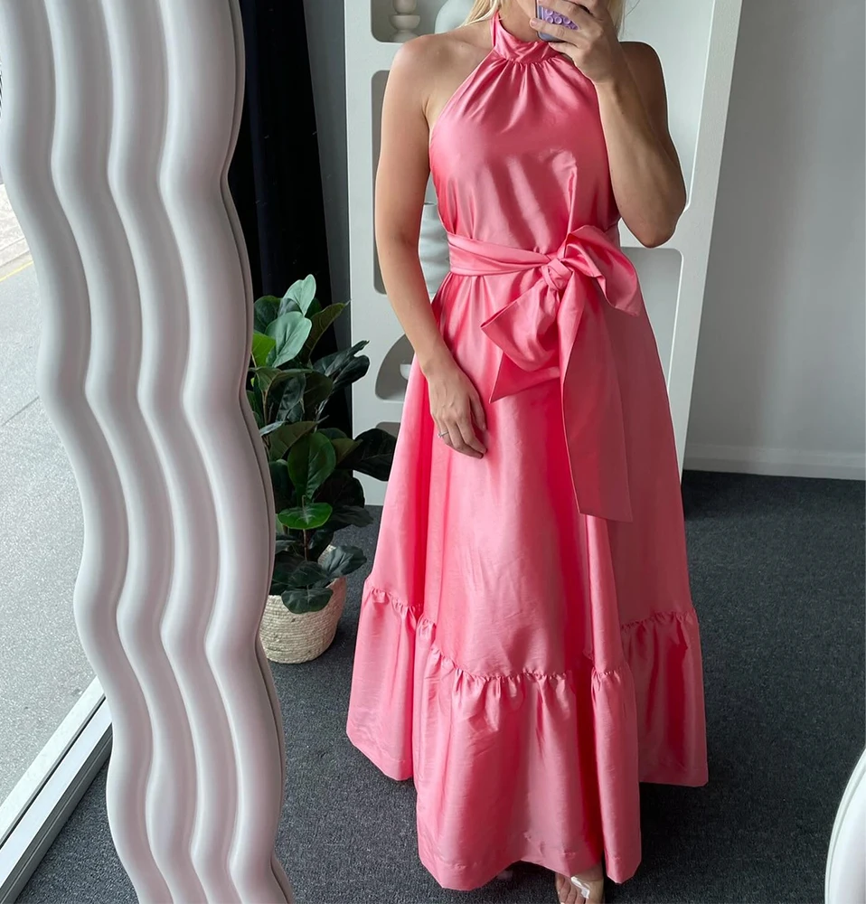 A-Line Ankle Length Halter Satin Sleeveless Sleeveless Backless Open Back Fashion Evening Dresses Bow Pleats Saudi Arabia 2024