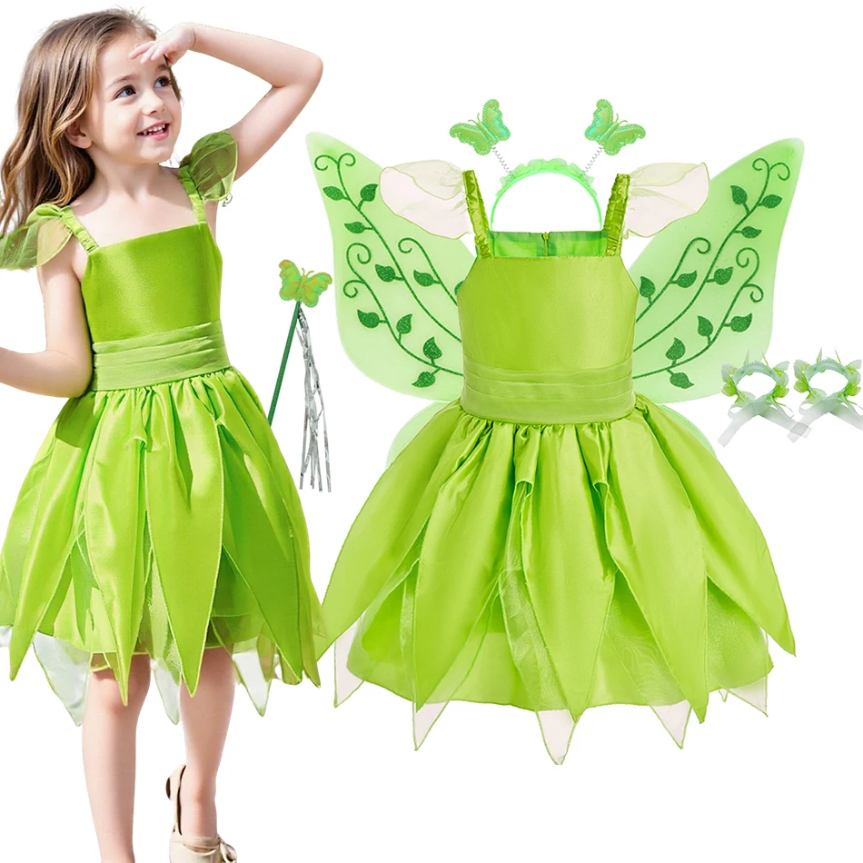 

Kids Halloween Cosplay Costume Children Green Black Carnival Christmas Birthday Clothes Girls Fairy Witch Party Dress with Wing