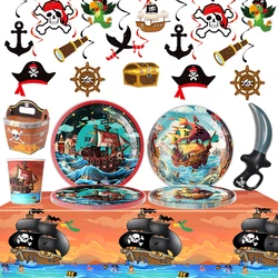 Pirate Theme Disposable Tableware Paper Plates Cups Napkins Boys Pirate Treasure Hunt Birthday Party Decoration Supplies Gifts