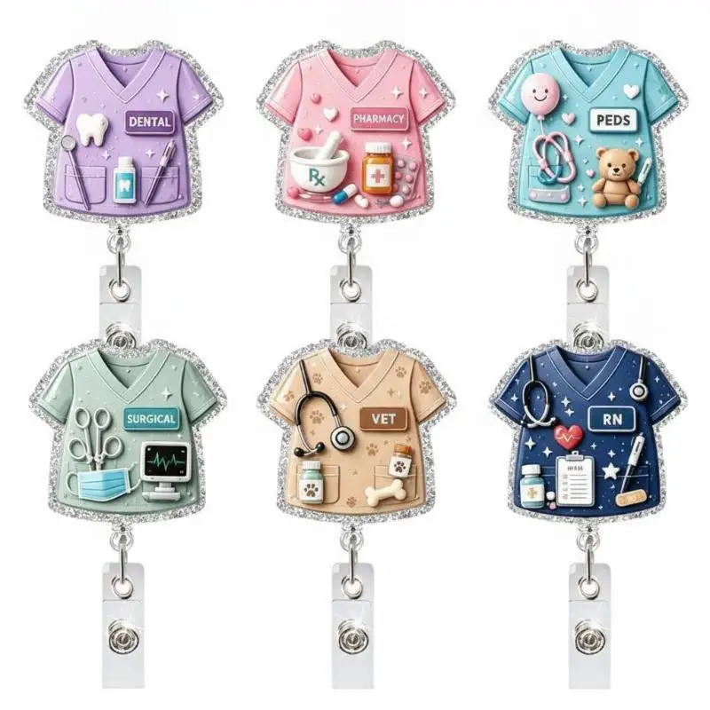 Shiny Glitter Nurse Badge Reel Retractable Rotatable Clip Durable ID Card Holder for Clinic Nurses Office Workers Teachers Use
