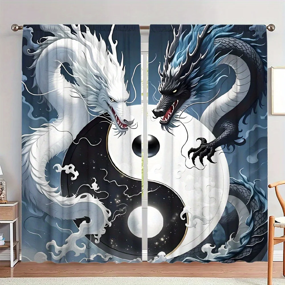 Yin Yang Dragon Print Curtains, Chinese Mythology Blackout Drapes for Living Room, Oriental Zen Home Decor Window Treatment
