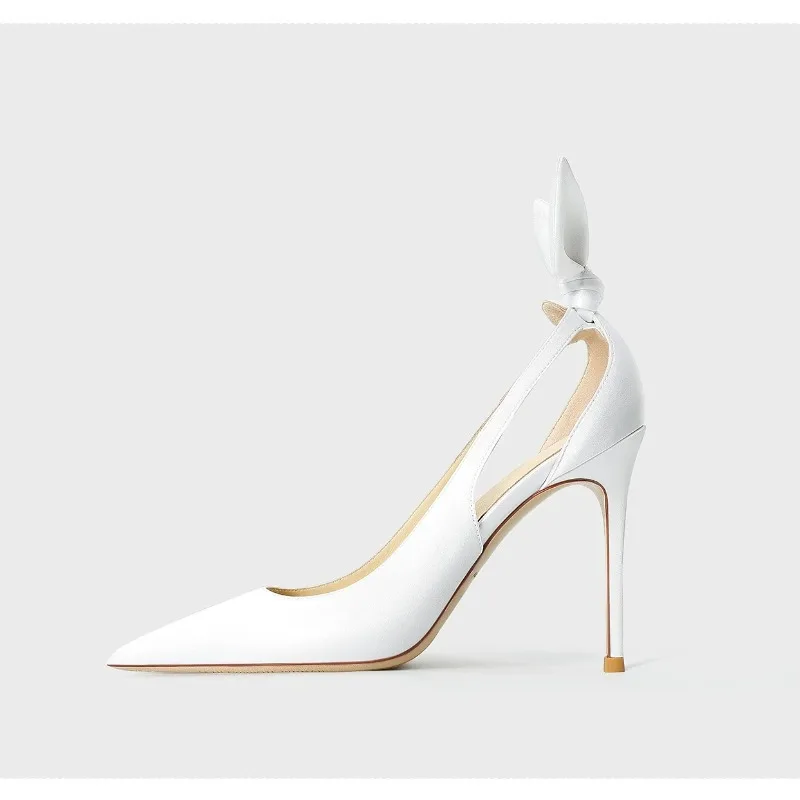 New white pointed high heels for women, slim heels, sexy bow, hollowed out shallow mouth, rabbit ear design, single shoe