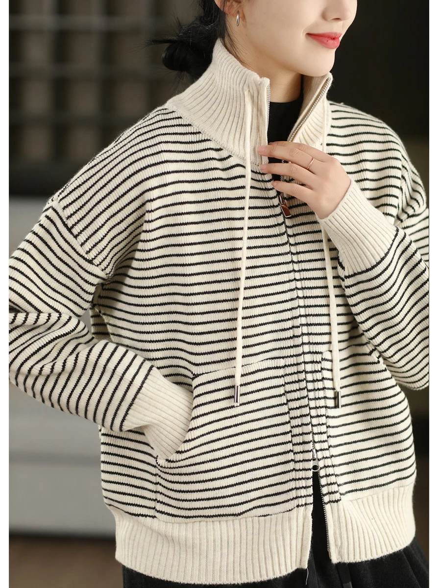 

Вязаный кардиган Thiened для женщин: модный винтажный полосатый свитер на молнии, теплый, длинный, с воротником-стойкой, стандартной длины