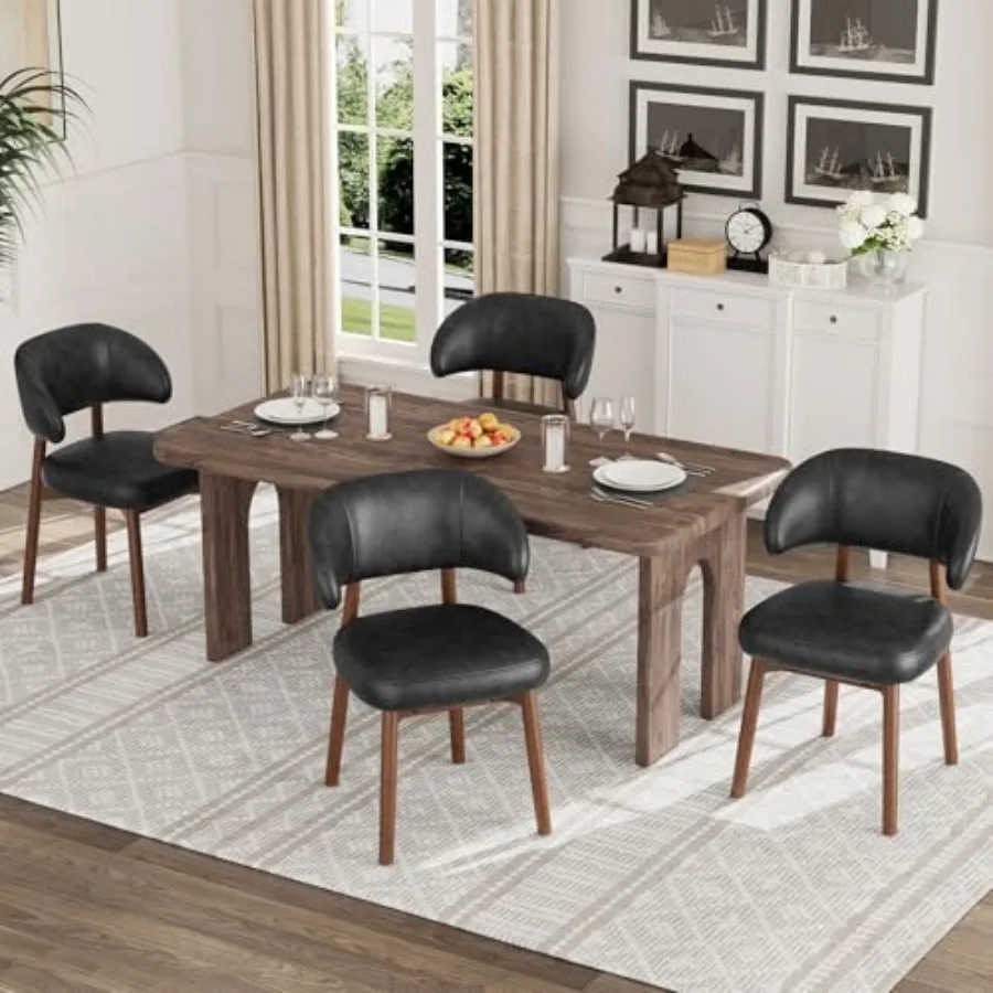 

Wooden Dining Chairs Set of 4, Modern Upholstered Dining Room Chair, PU Leather Kitchen Side Chairs with Curved Open Back for L
