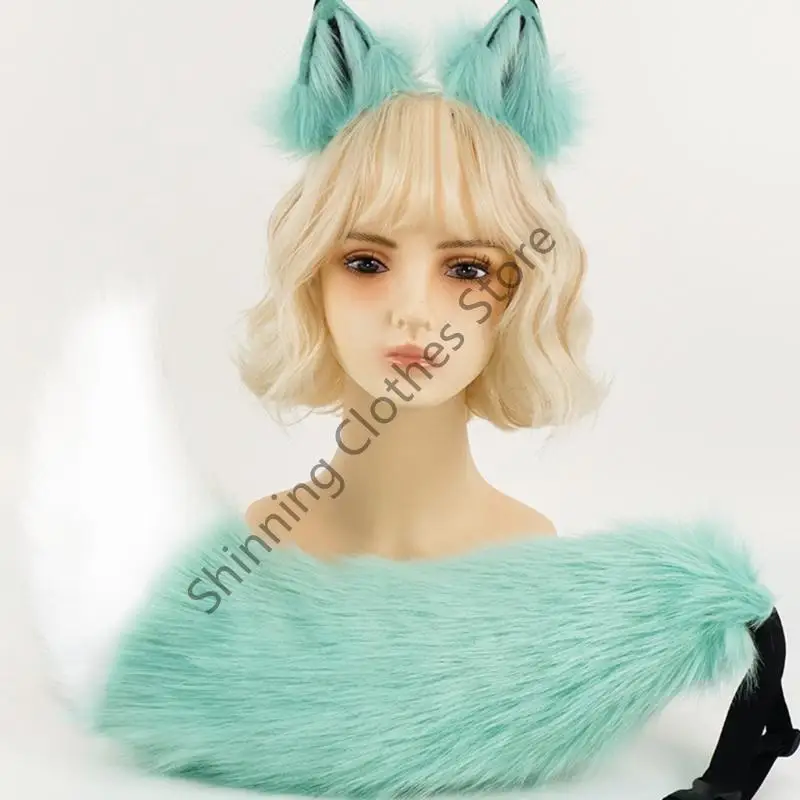 M68A Wolf Ears Headband with Tail Foxes Wolf Ears and Tail Set Halloween Cosplay Party Foxes Costume Accessories Kid Adult